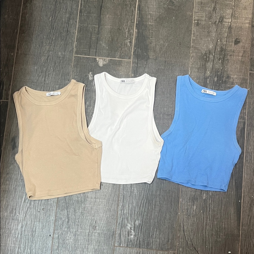 Zara Crop Tank Bundle - Tan, White, and Blue